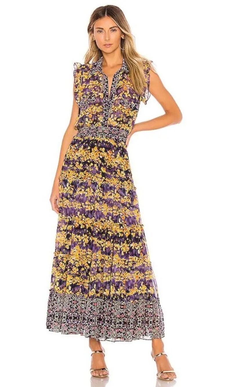 MISA Los Angeles Trina Purple Yellow Floral Shirtdress Dress WOMENS XS